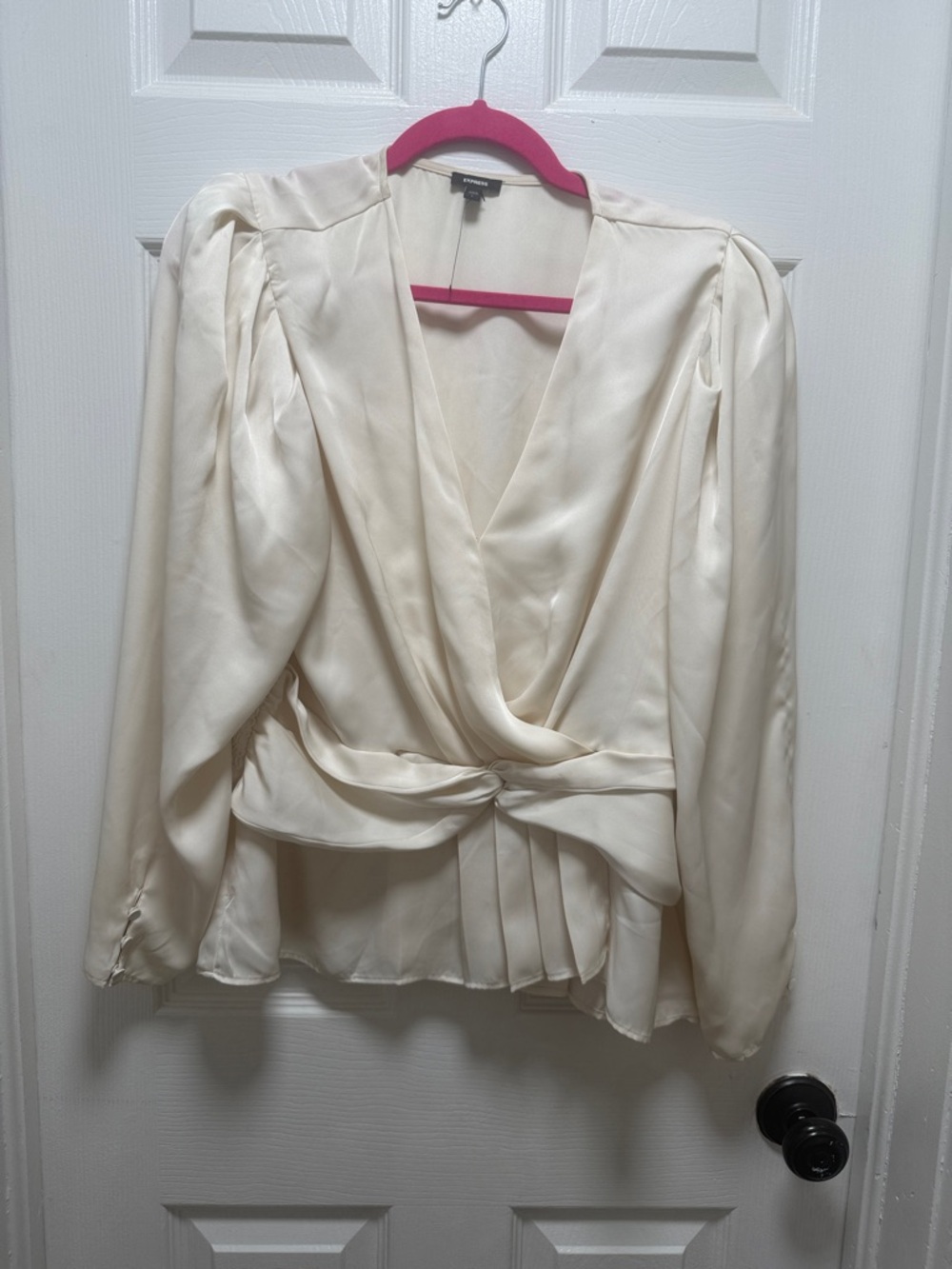 Express Ivory Satin Twist-Front Blouse with Puff Sleeves